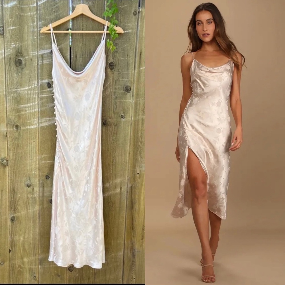 Champagne Floral Jacquard Satin Slip Dress 🌿